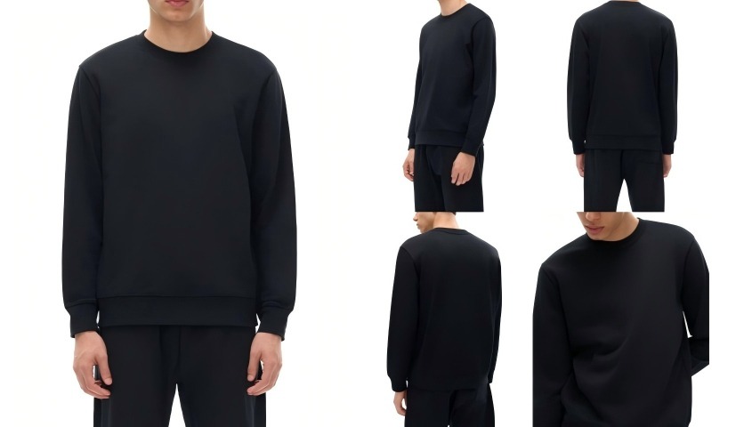 Black crewneck sweatshirt shown from multiple angles with a clean, minimal design.