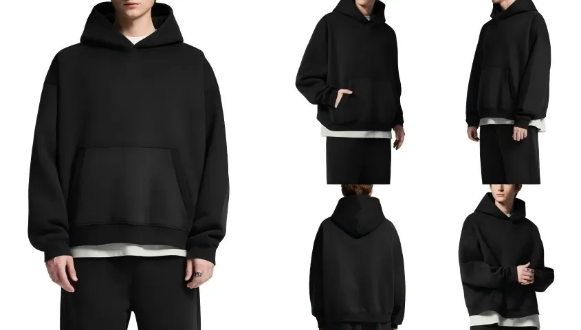 Black oversized hoodie shown from multiple angles with layered hem detail.