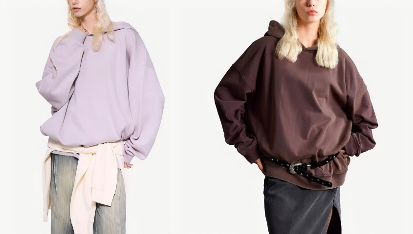 Two oversized hoodies in pastel purple and brown, styled with layered outfits.