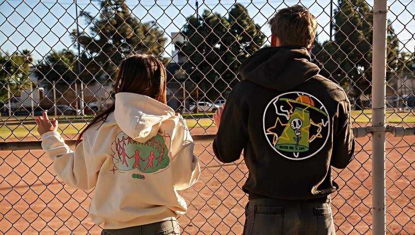 two people in white and black relaxed hoodies with custom printing