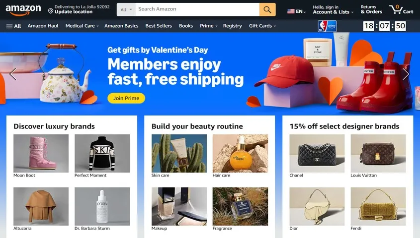 Amazon homepage interface showing product listings and navigation for sellers looking to sell online for free through marketplace platforms