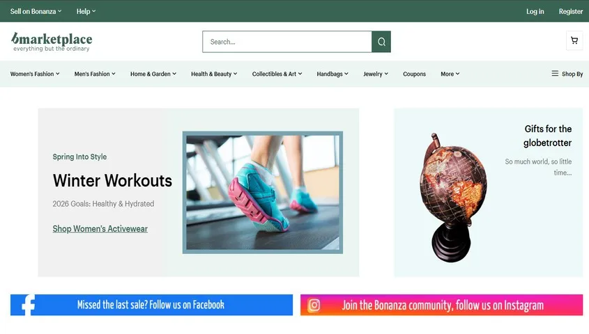 Bonanza marketplace website interface displaying product categories and listings for sellers using free online marketplaces