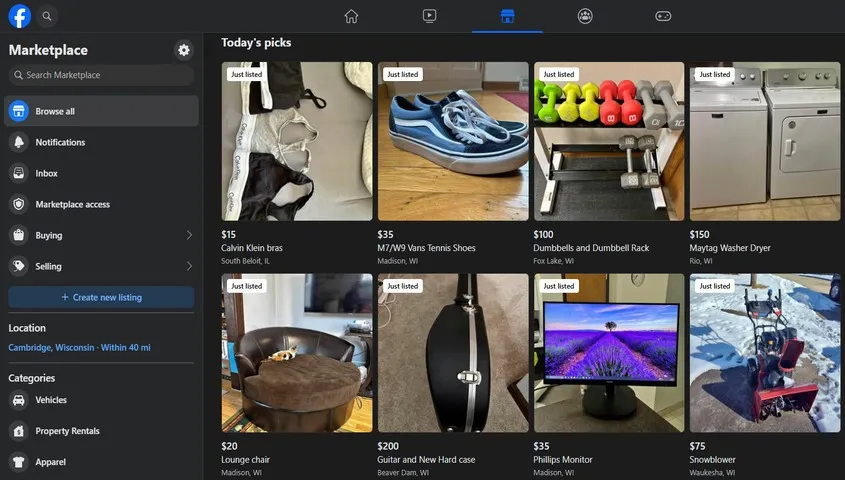 Facebook Marketplace mobile interface showing product listings and messaging for local online marketplace selling
