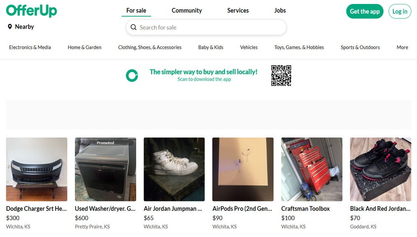 OfferUp app interface showing secondhand product listings for sellers using free online marketplaces