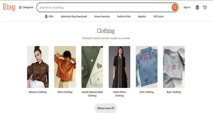Etsy storefront page displaying handmade clothing products for creators who want to sell online for free