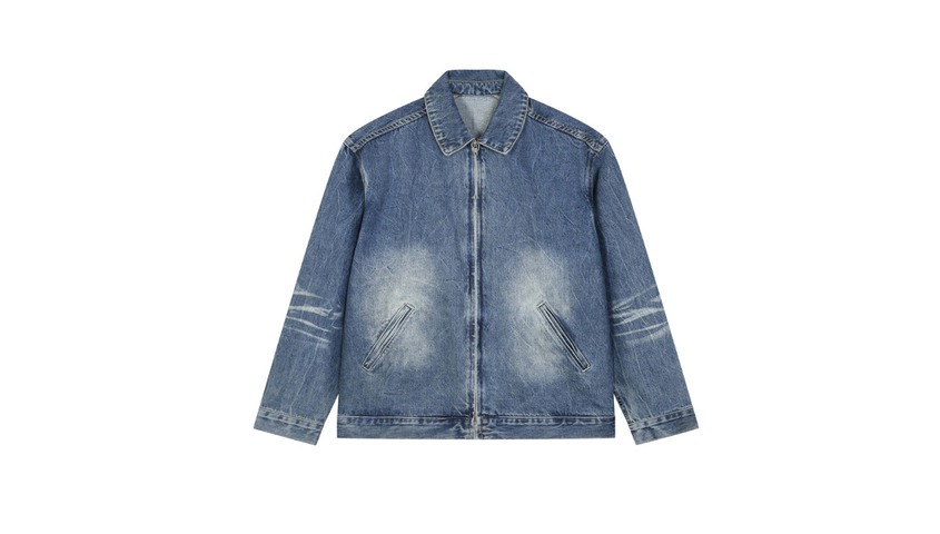 A vintage wash zip-up denim jacket in medium blue with faded detailing across the chest and sleeves, shown front and back.