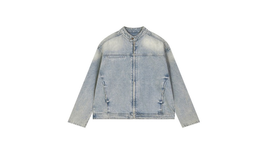 A vintage wash zip denim jacket in light blue with a band collar, worn-in fading, and subtle distressing, shown front and back.