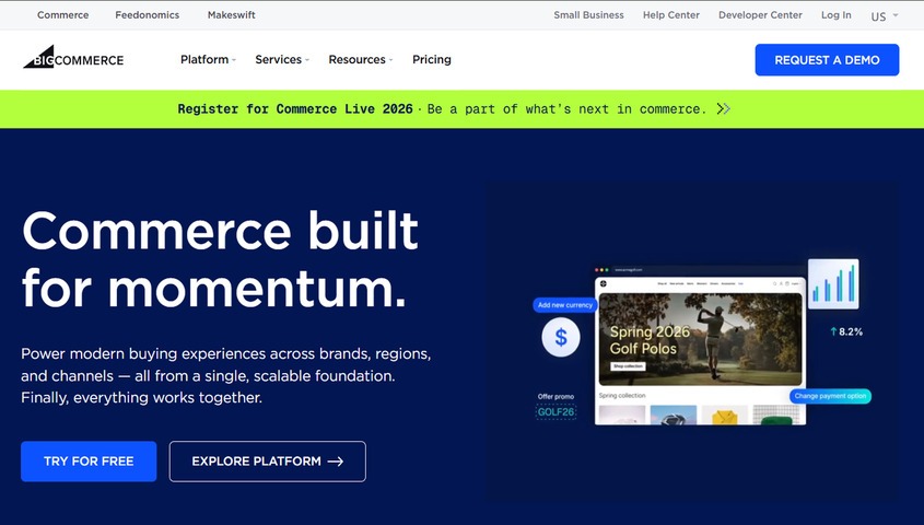 BigCommerce platform homepage promoting commerce built for momentum — one of the best ecommerce platforms for growing businesses