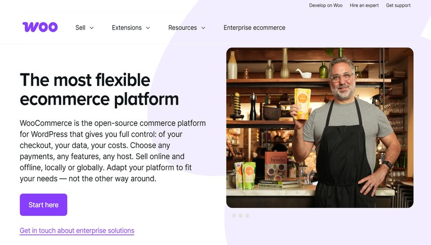 WooCommerce homepage promoting flexible ecommerce solutions for WordPress users — one of the biggest ecommerce sites by install base