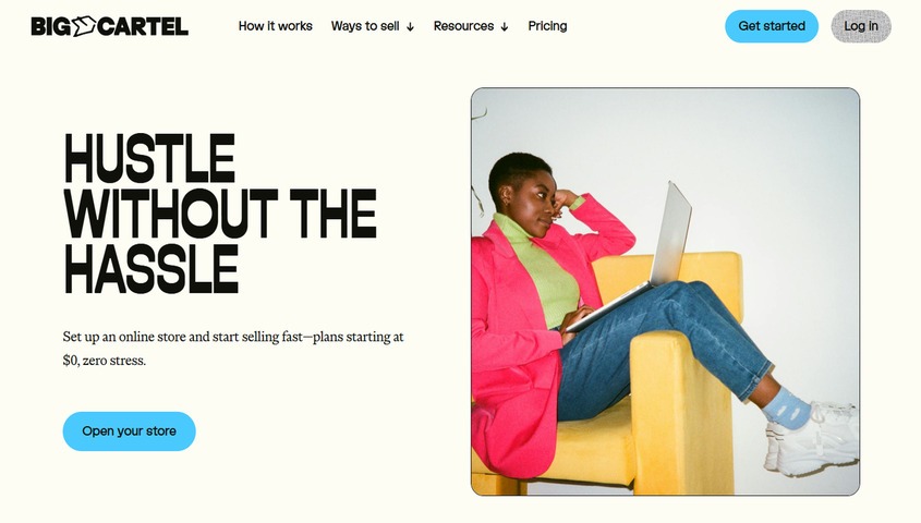 Big Cartel homepage showing plans starting at $0 — a simple ecommerce platform for artists and independent makers