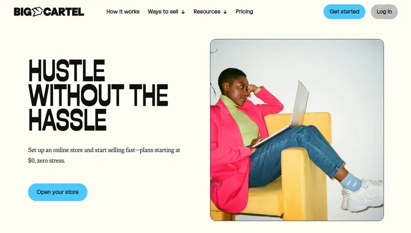 Big Cartel homepage showing plans starting at $0 — a simple ecommerce platform for artists and independent makers