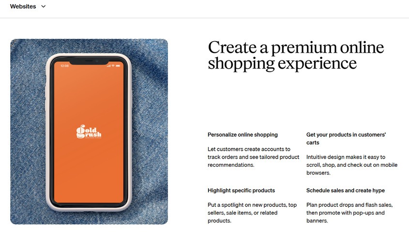Square Online homepage showing premium shopping features — an ecommerce solution connecting physical retail with online selling