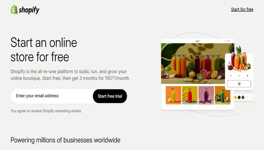 Shopify homepage showing its free trial offer — one of the top ecommerce platforms for independent sellers
