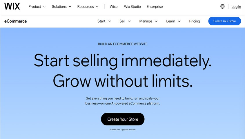 Wix ecommerce website builder homepage — a best ecommerce platform option for beginners starting an online store