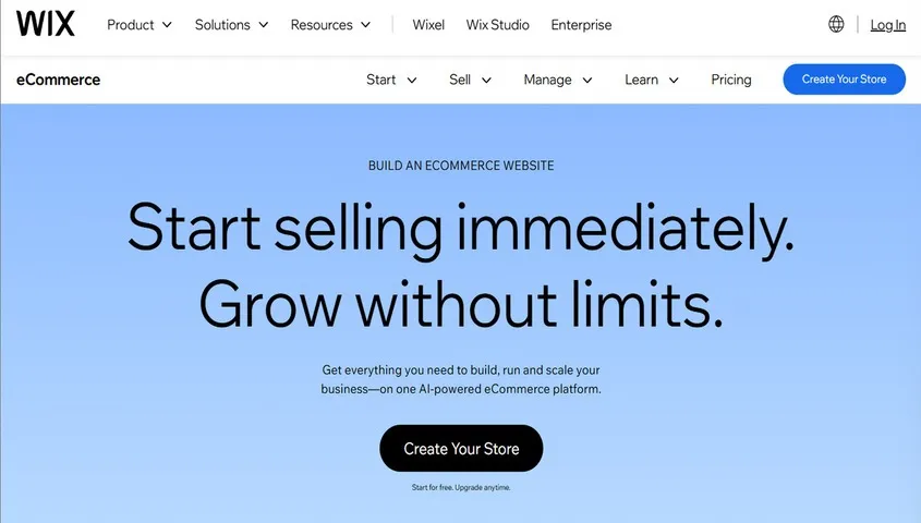Wix ecommerce website builder homepage — a best ecommerce platform option for beginners starting an online store
