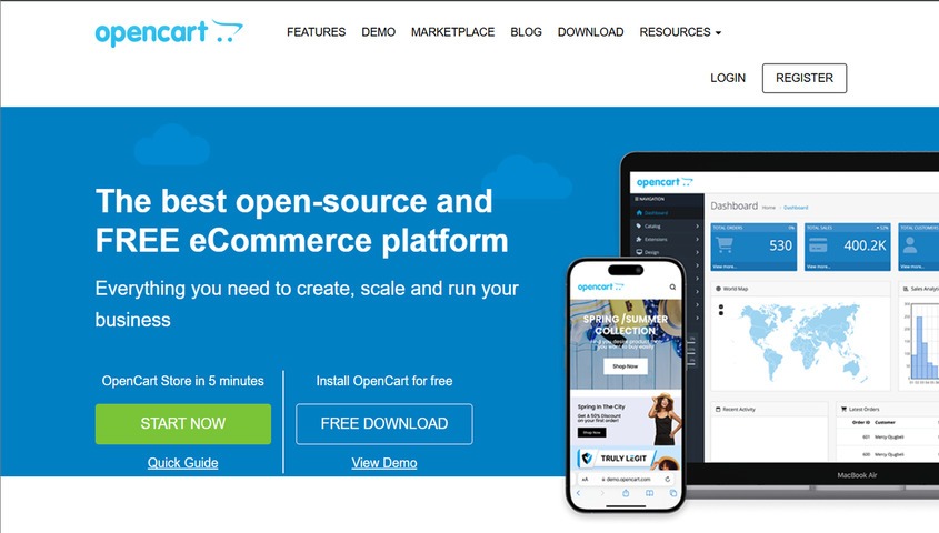 OpenCart homepage promoting free open-source ecommerce software — one of the best e-commerce sites for developers needing full customization