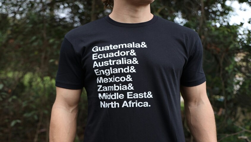 Geographic text t-shirt listing countries representing popular shirt designs and niche t shirt trends