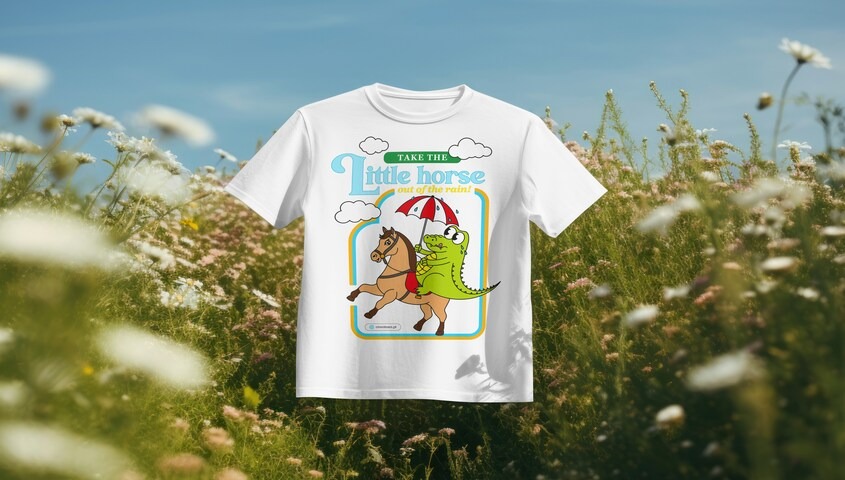 Surreal illustrated t-shirt with cartoon horse and crocodile representing cool shirt designs and trending t shirt trends