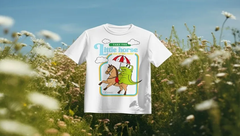 Surreal illustrated t-shirt with cartoon horse and crocodile representing cool shirt designs and trending t shirt trends