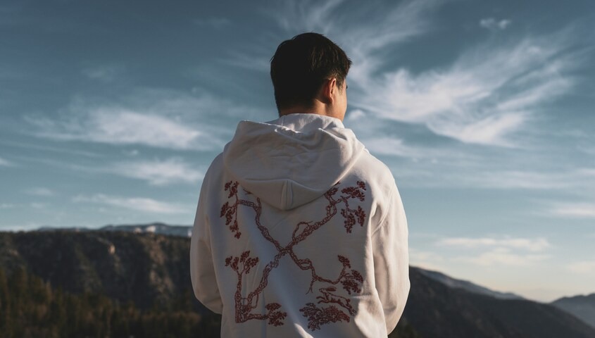 Botanical back print hoodie design — nature-inspired custom hoodie idea for outdoor and wellness brands