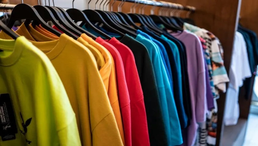 Colorful custom apparel on hangers in a print-on-demand store—how to make money online with POD