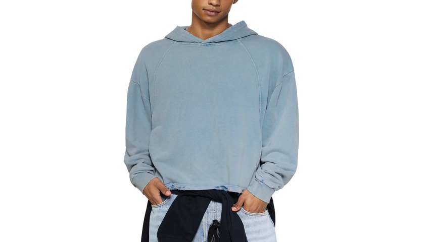 Vintage Washed Frayed-Hem Hoodie in faded blue, a grunge-inspired 90s outfit staple for modern brands