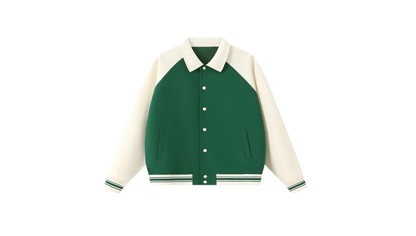 Green and cream Contrast Raglan Sleeve Baseball Jacket inspired by 90s collegiate fashion trends