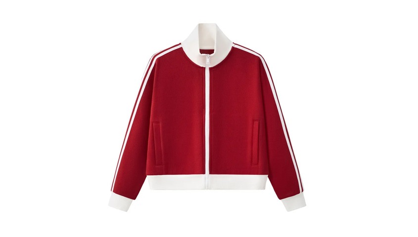 Red Contrast Side Stripe Fleece Track Jacket capturing 90s athleisure and sportswear outfit energy