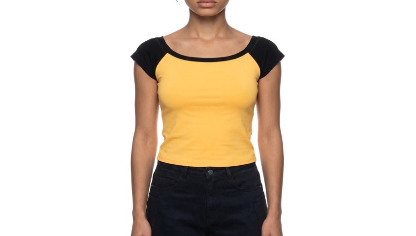 Color Block Raglan Baby T-Shirt in yellow and black, a 1990s fashion staple back in heavy rotation