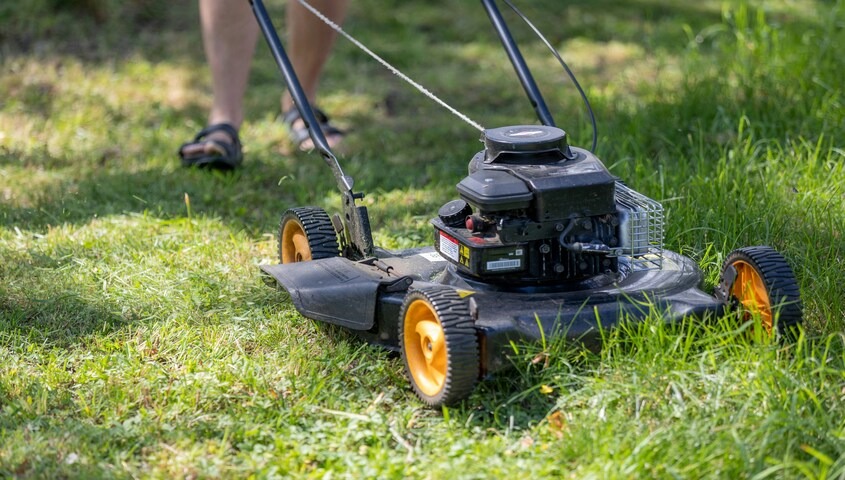 Black and yellow push lawn mower on green grass, representing the low-barrier lawn care and handyman services business model
