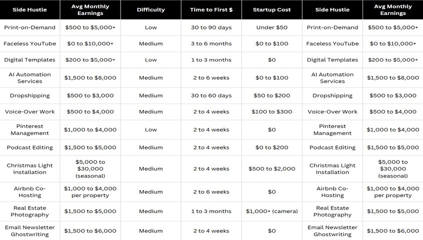 Comparison table of twelve side hustles that make $2000 a month, ranked by difficulty, time to first dollar, and startup cost