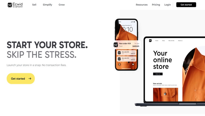 Ecwid homepage showing its store builder, one of the top-rated online shopping platforms for adding a shop anywhere.