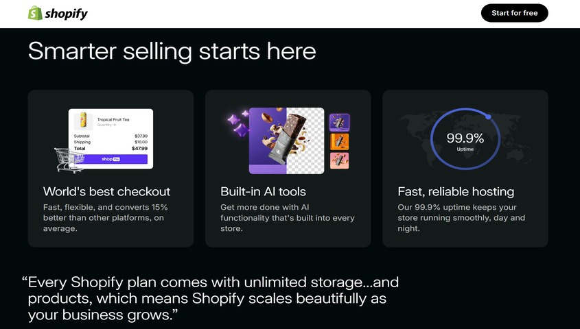 Shopify homepage promoting its store builder, the best ecommerce platform pick for most sellers.