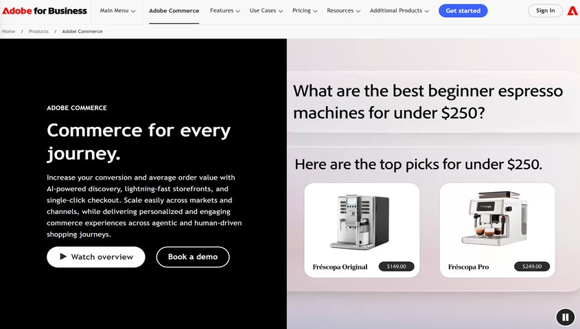Adobe Commerce homepage, one of the top ecommerce platforms for large businesses.
