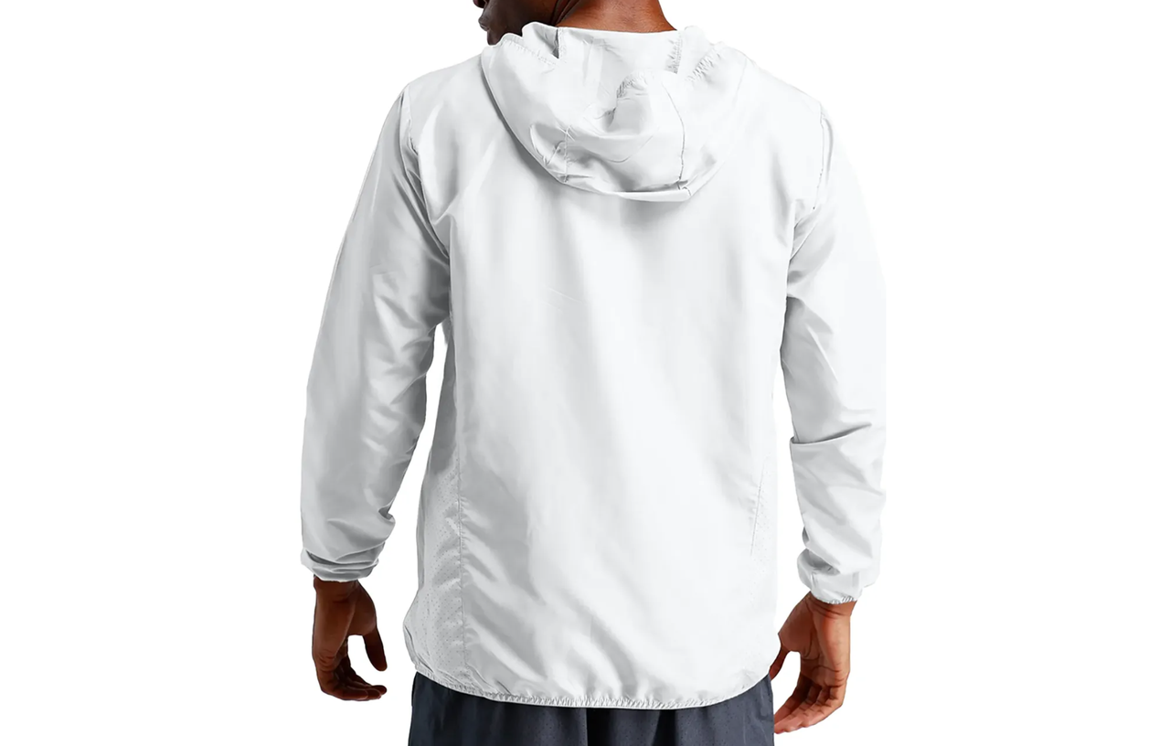 Back view of a white hooded shell jacket, a customizable gorpcore clothing blank from Tapstitch.