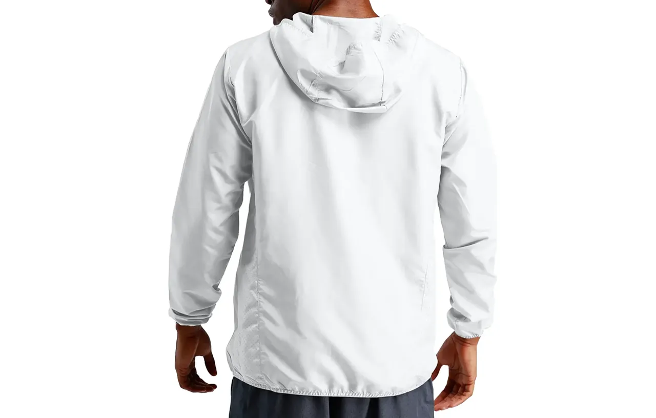 Back view of a white hooded shell jacket, a customizable gorpcore clothing blank from Tapstitch.