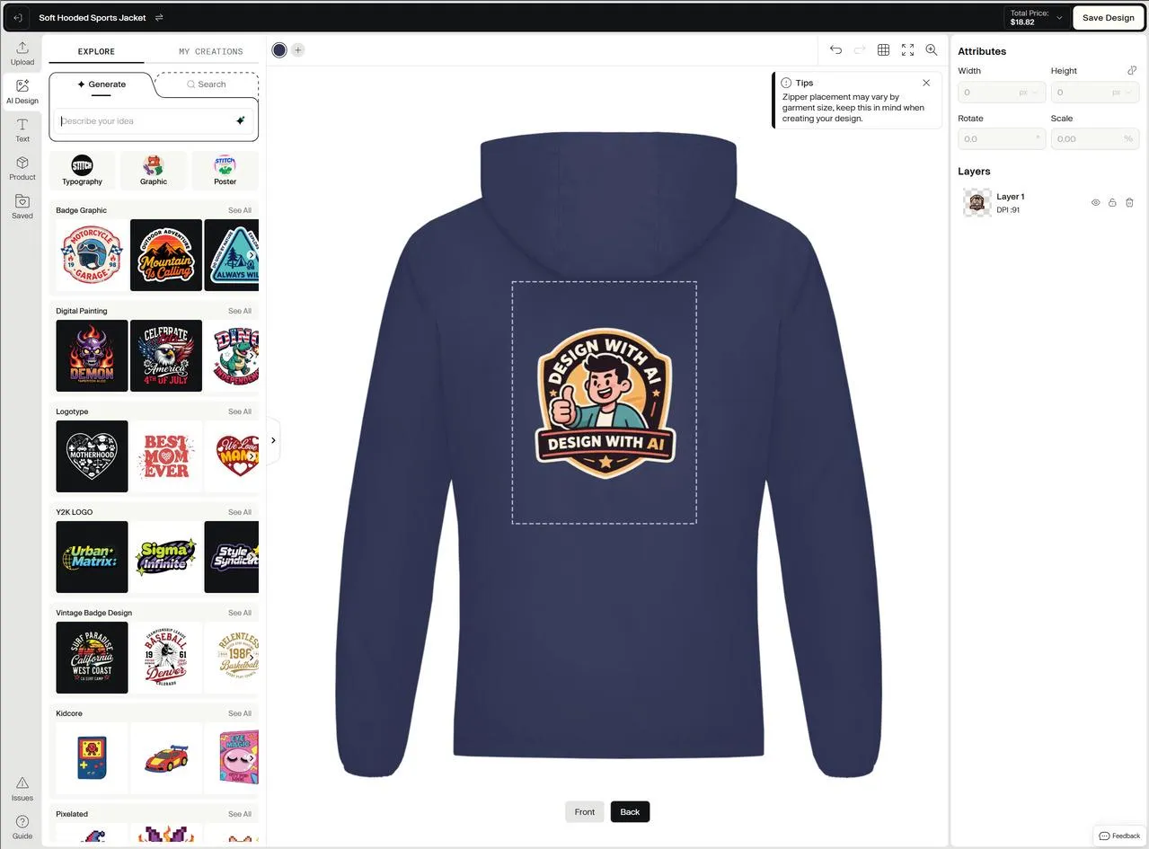 Tapstitch AI design tool with a generated badge graphic placed on the back of a navy hooded sports jacket
