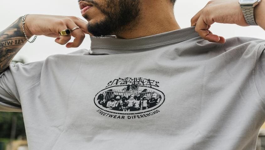 showing the center chest logo placement on shirt
