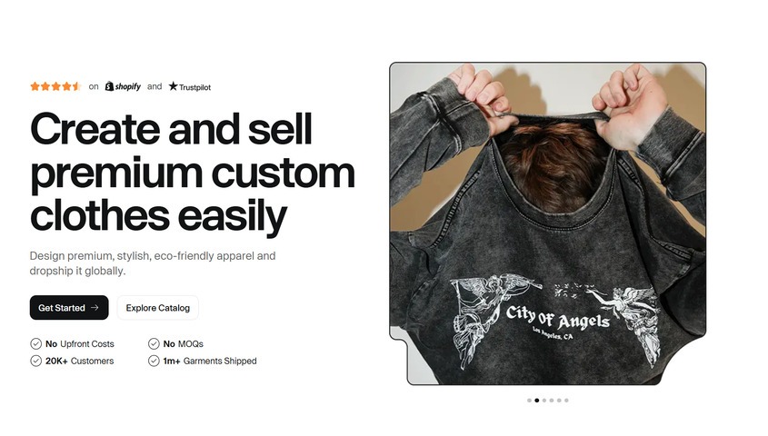 Tapstitch homepage, the top pick among Redbubble alternatives for fashion-grade POD apparel