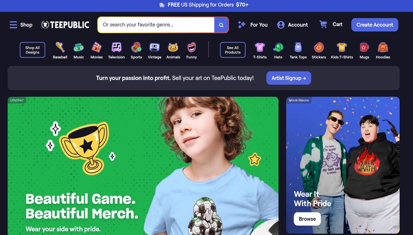 TeePublic homepage, one of the most direct sites like Redbubble in marketplace structure