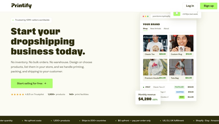 Printify homepage, one of the most-used sites like Redbubble for catalog breadth