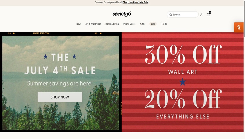 Society6 homepage, an art-focused Redbubble alternative for illustrators and fine artists