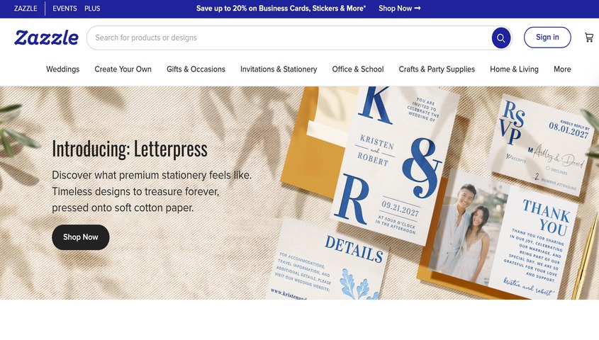 Zazzle homepage, a long-running Redbubble alternative for niche gift and stationery sellers