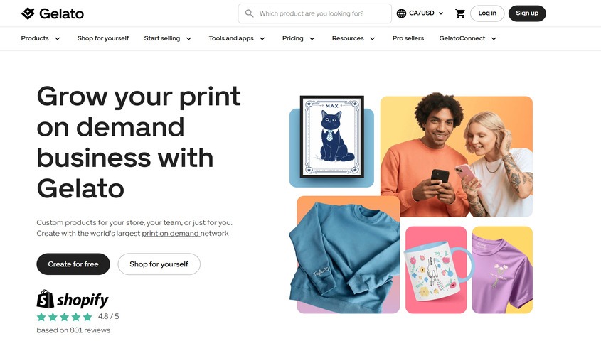 Gelato homepage, a Redbubble alternative built for brands shipping internationally