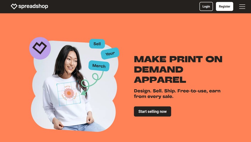 Spreadshop homepage, one of the easiest sites like Redbubble for launching a free POD storefront