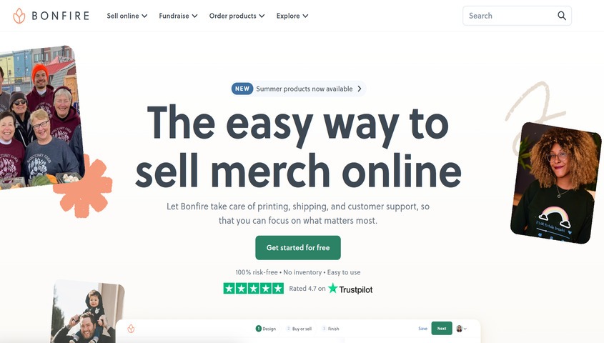 Bonfire homepage, one of the more specialized sites like Redbubble for fundraising and cause apparel