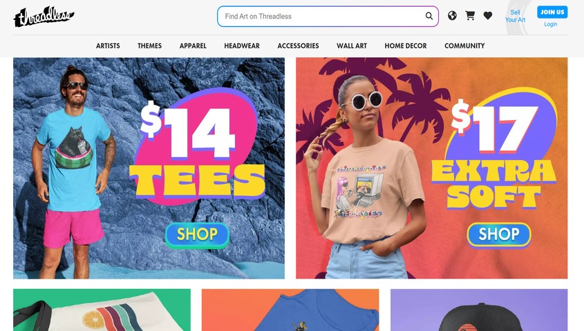 Threadless homepage, a community-driven Redbubble alternative built around design discovery