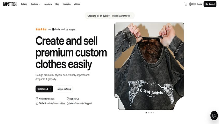 Print on demand website Tapstitch homepage