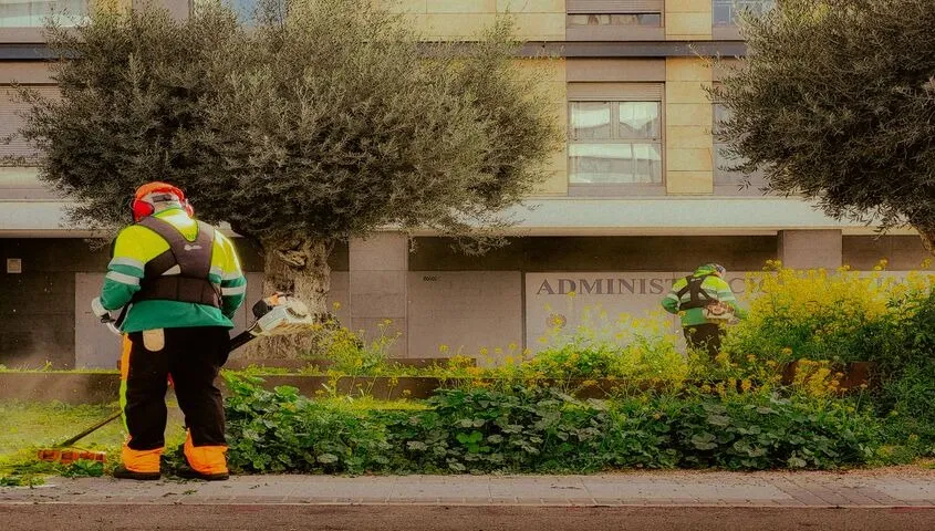 Grounds workers trimming vegetation in high-visibility gear, showing lawn care and handyman work as classic small business ideas that pay by the weekend.