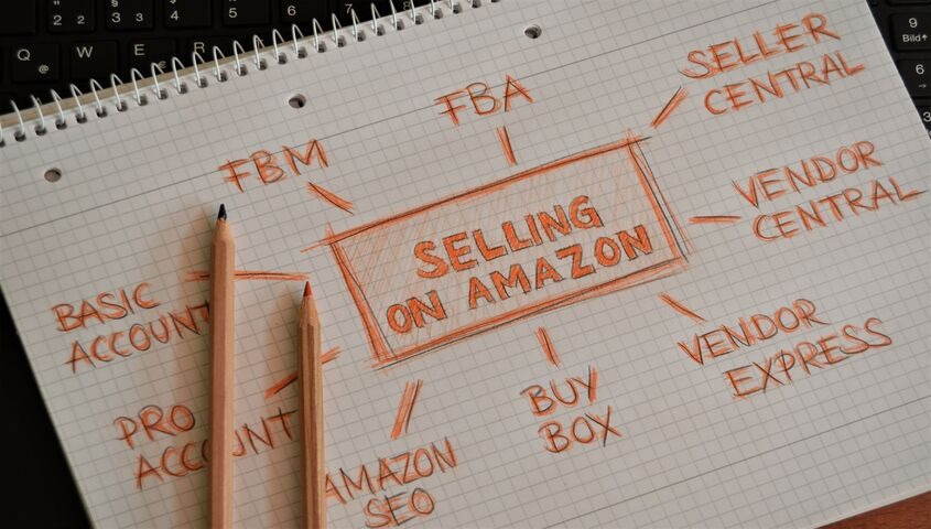 Hand-drawn Amazon selling diagram in a notebook, mapping affiliate marketing among low cost business ideas with high profit.
